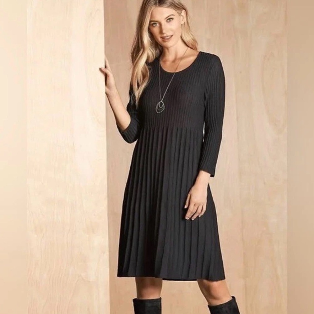 EILEEN FISHER Black 100% Wool Rib Release Pleat Dress Petite XS